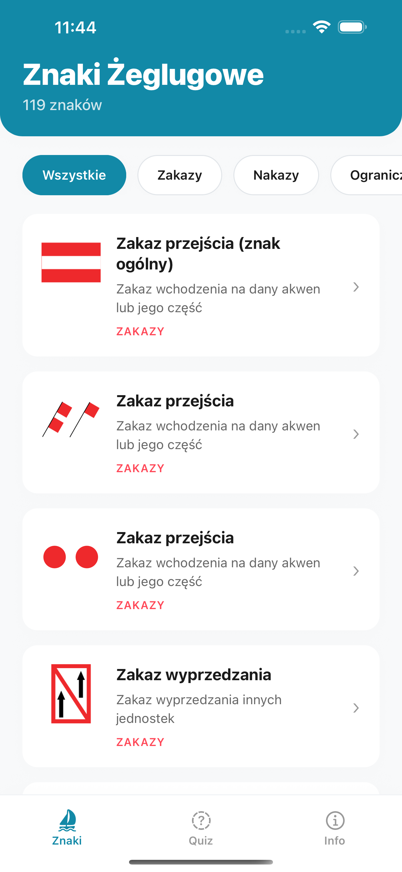 Zrzut ekranu aplikacji Znaki Żeglugowe pokazujący listę znaków żeglugowych z ilustracjami i opisami