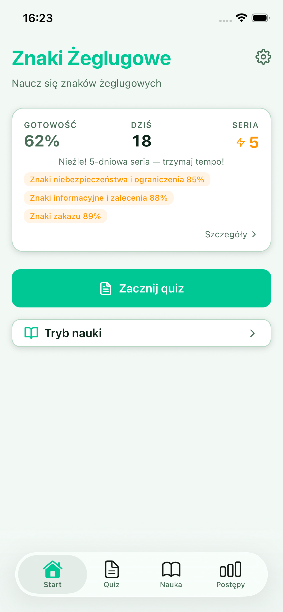 Zrzut ekranu aplikacji Znaki Żeglugowe pokazujący listę znaków żeglugowych z ilustracjami i opisami