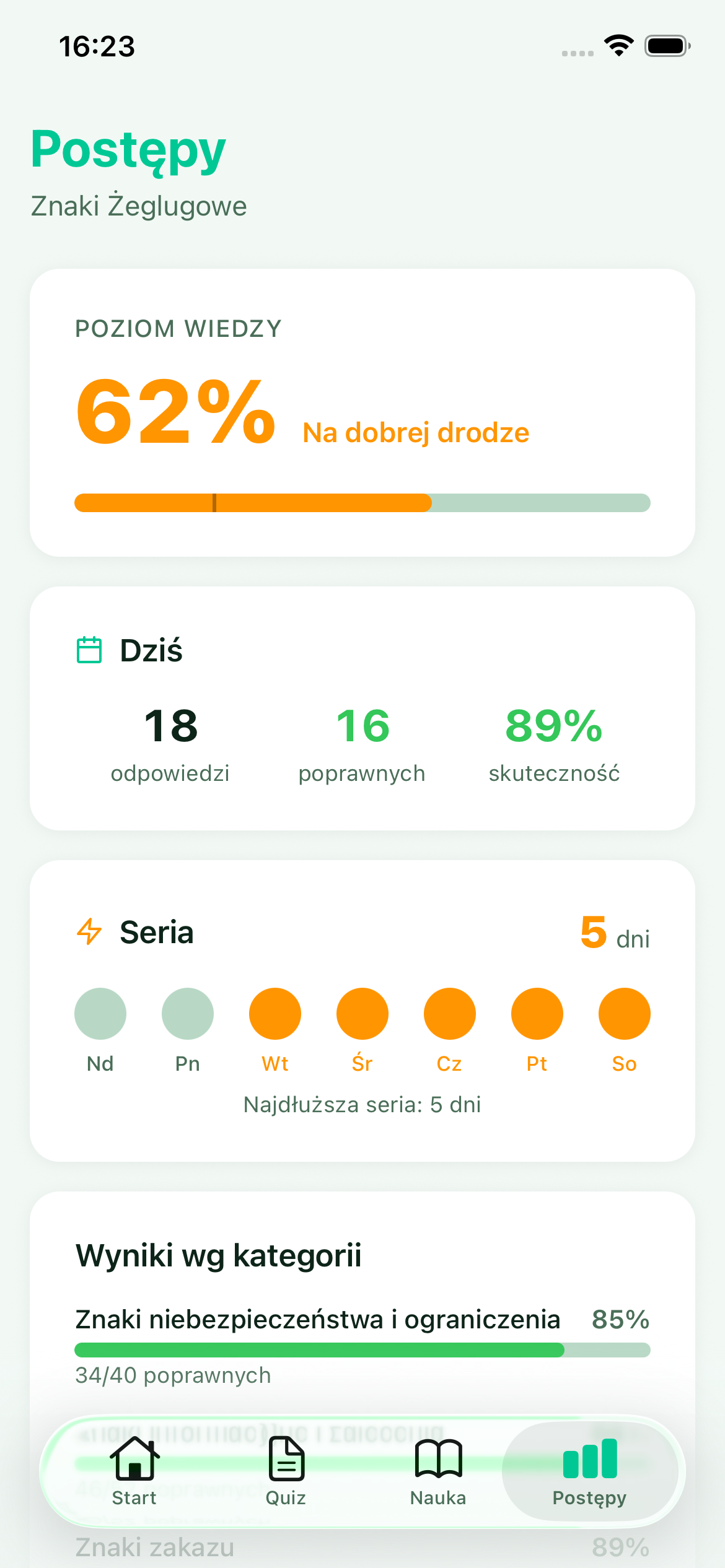 Ekran postępów w nauce znaków żeglugowych