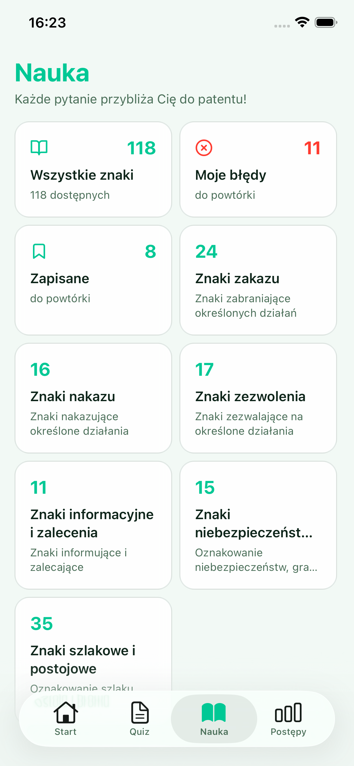 Ekran kategorii znaków żeglugowych w aplikacji